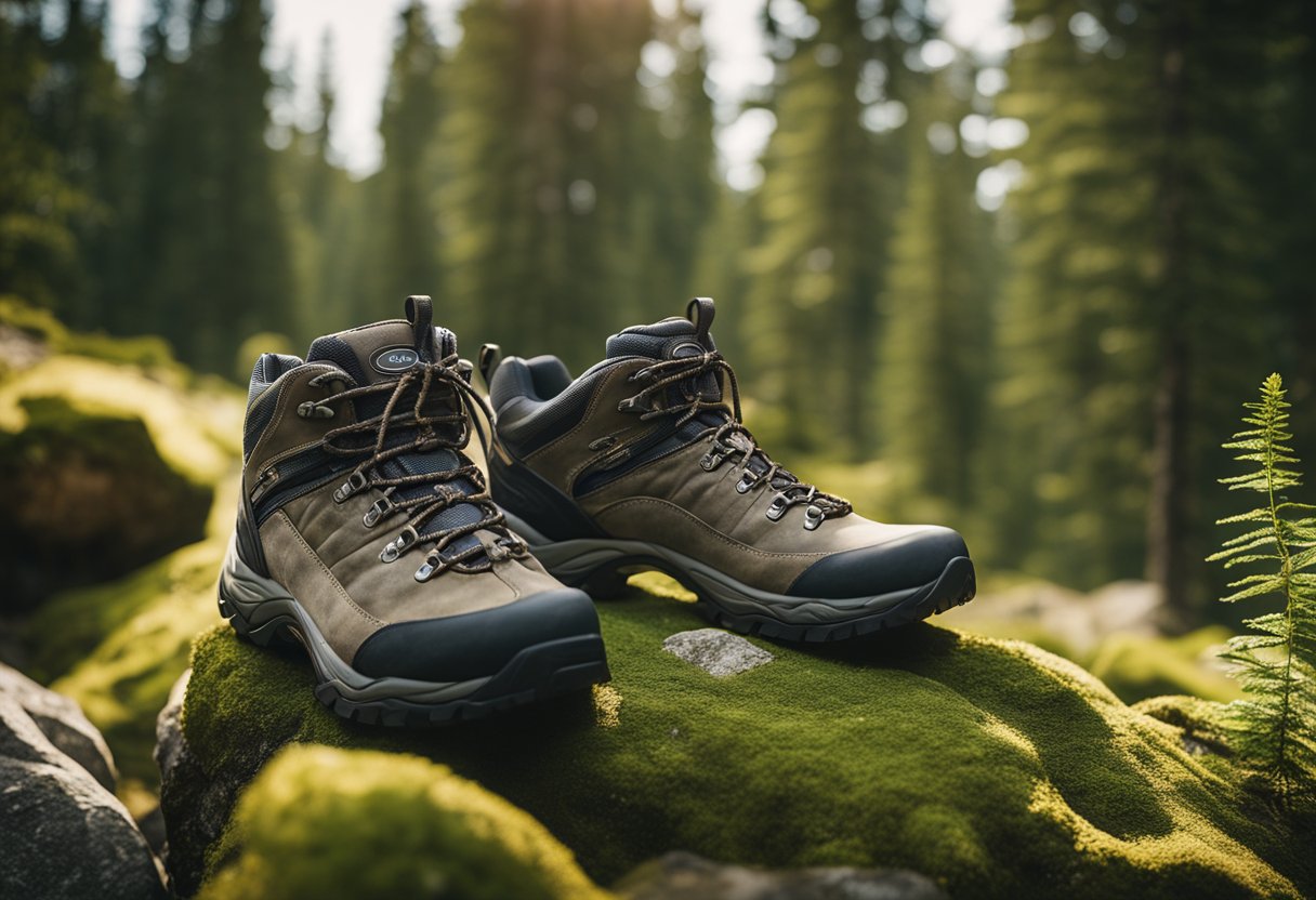 A pair of Oboz hiking shoes sits atop a rocky mountain trail, surrounded by lush greenery and towering trees. The shoes are weathered and worn, indicating a history of outdoor adventures