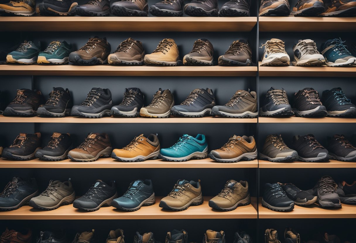 A variety of Oboz hiking shoes arranged on a display stand, showcasing different styles, colors, and features