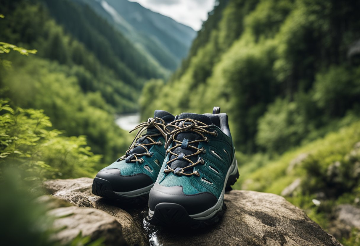 Oboz hiking shoes on rocky trail, surrounded by lush greenery and a flowing stream