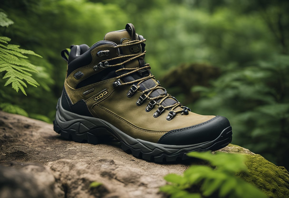 A pair of Oboz hiking shoes displayed on a rocky trail, surrounded by lush greenery and towering trees. The shoes are positioned in a way that highlights their durable construction and rugged design