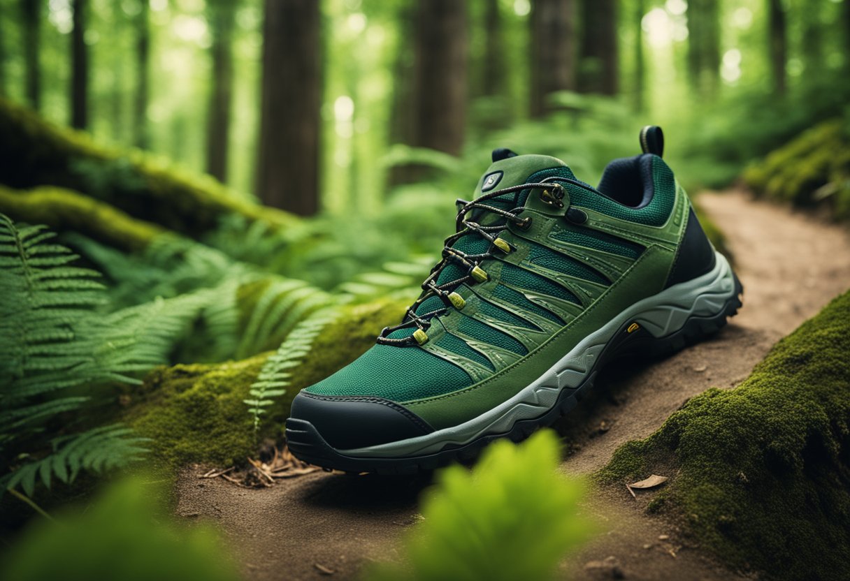 A lush forest with a winding trail, featuring Oboz hiking shoes made from sustainable materials