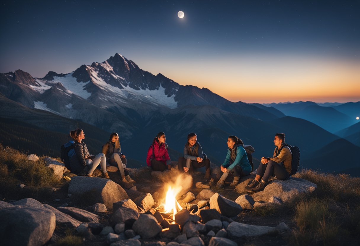 A group of hikers wearing Oboz hiking shoes gather around a campfire in a mountainous setting, with a clear night sky and a full moon shining down on them