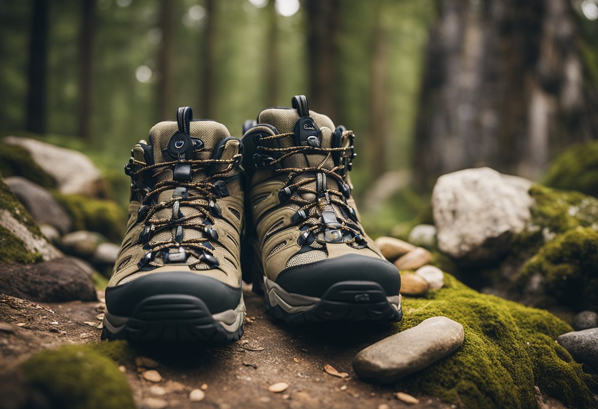 A pair of Oboz hiking shoes surrounded by a variety of outdoor elements such as rocks, trees, and a trail, with a "Frequently Asked Questions" sign nearby