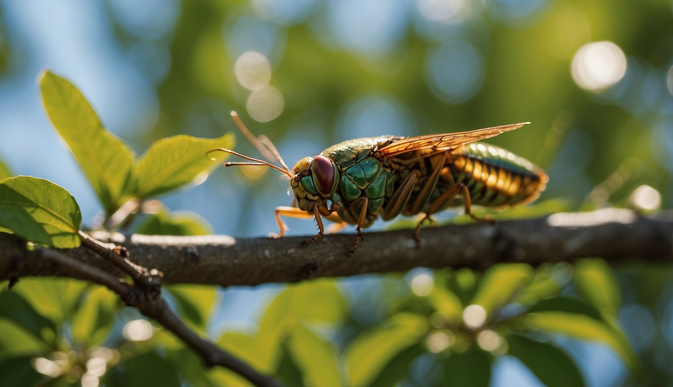 Cicadas fill the air with their buzzing symphony, perched on branches and leaves, their iridescent wings shimmering in the sunlight