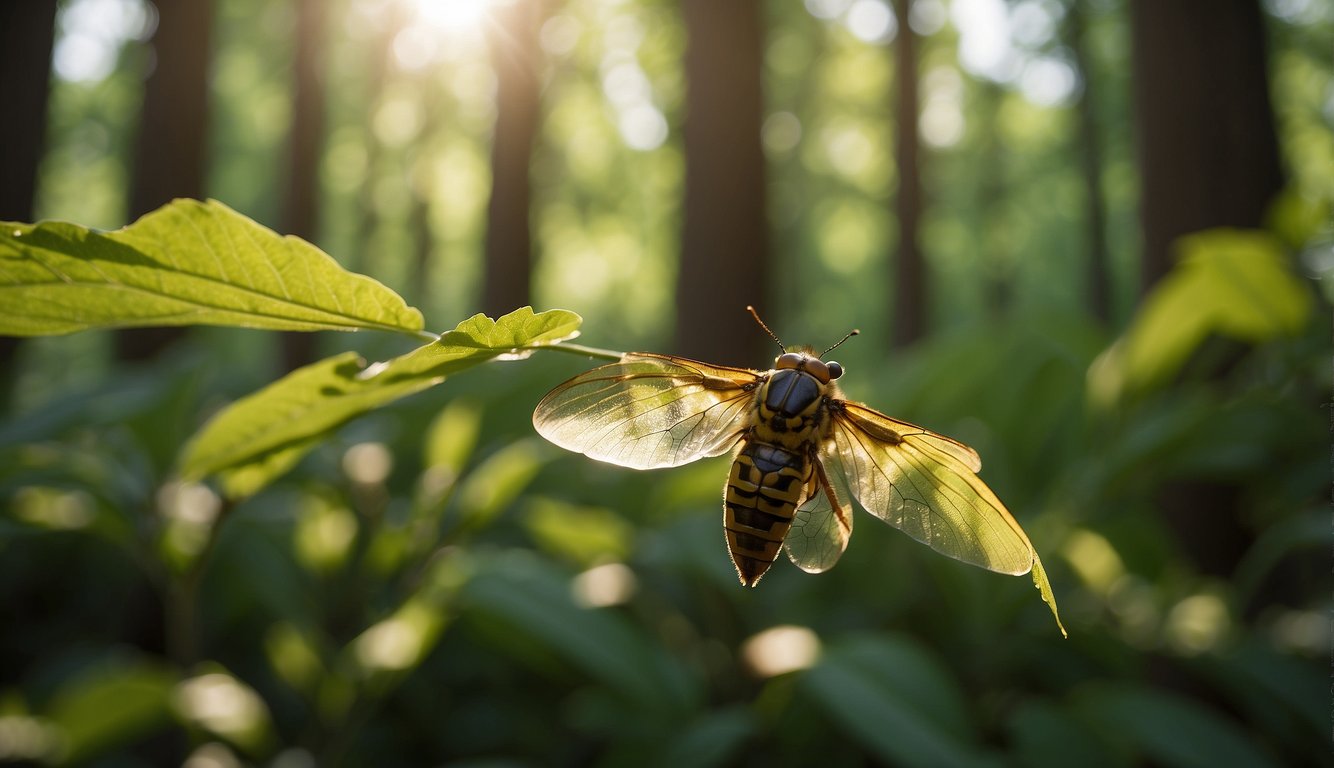 A lush forest filled with buzzing cicadas, their translucent wings shimmering in the sunlight.

The air is alive with their rhythmic chorus, echoing through the trees