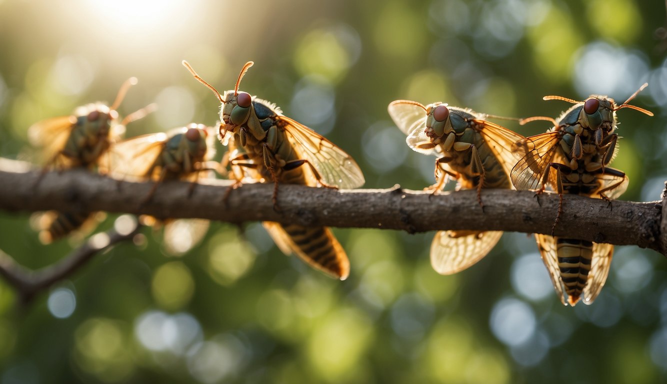 A group of cicadas perched on tree branches, their translucent wings shimmering in the sunlight.

The air is filled with their buzzing calls, creating a symphony of sound
