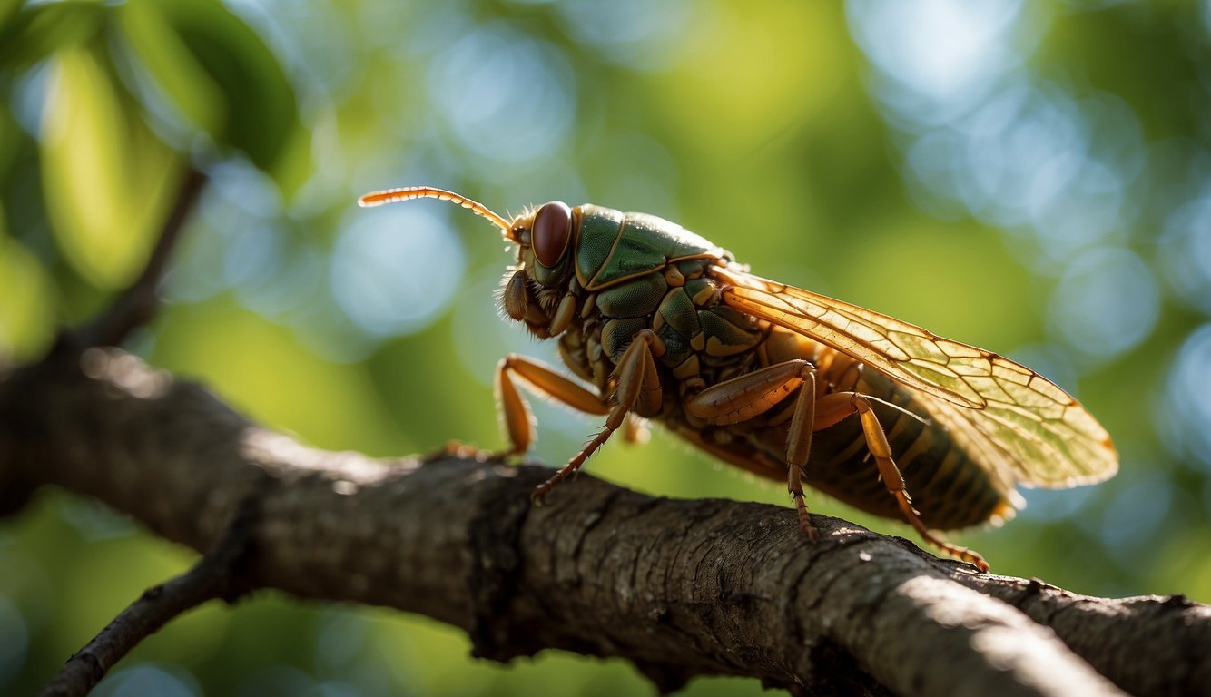 Cicadas perched on tree branches, singing loudly.

Sunlight filters through leaves, casting dappled shadows on the forest floor