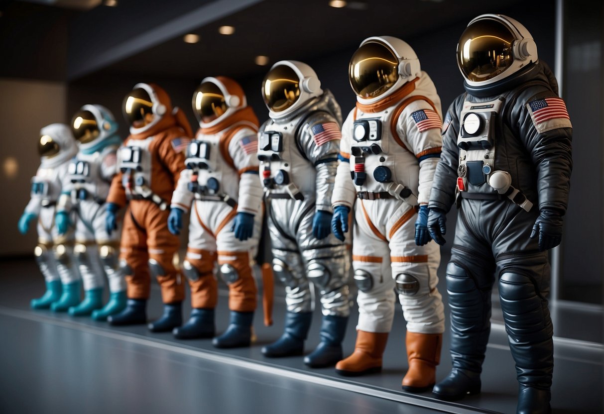 A line-up of space suits from Mercury to Mars missions, showcasing the evolution of materials, designs, and technology