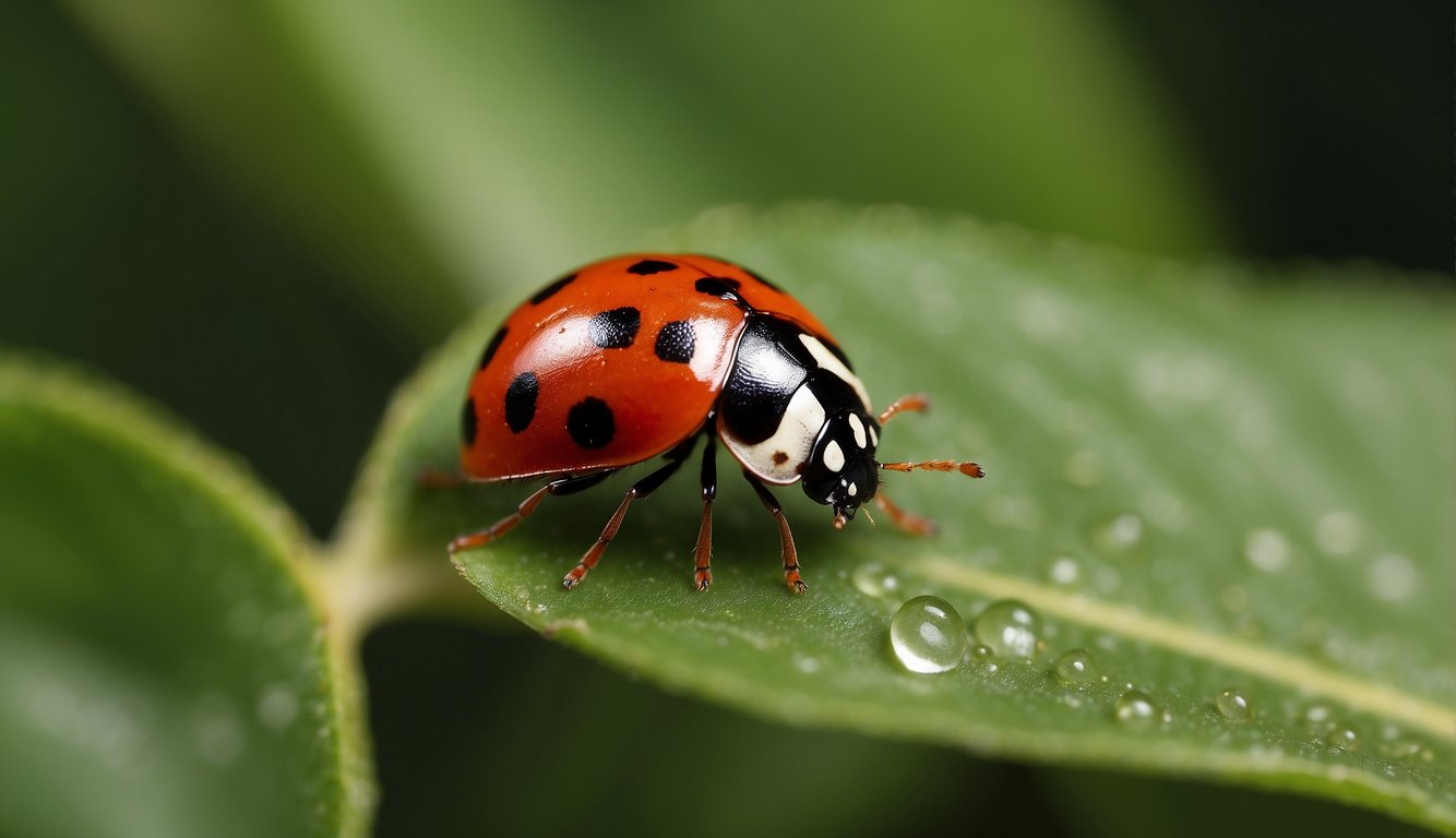 A tiny ladybug egg hatches on a green leaf.

The larva grows, molts, and transforms into a pupa. Finally, a red-spotted ladybug emerges and takes flight