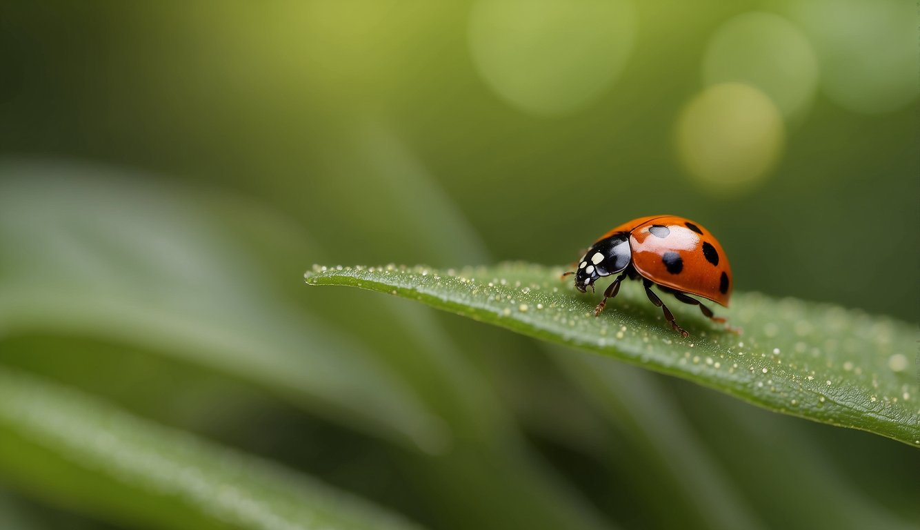 A tiny ladybug egg hatches on a green leaf.

The larva grows and molts, transforming into a pupa. Finally, a spotted ladybug emerges and takes flight