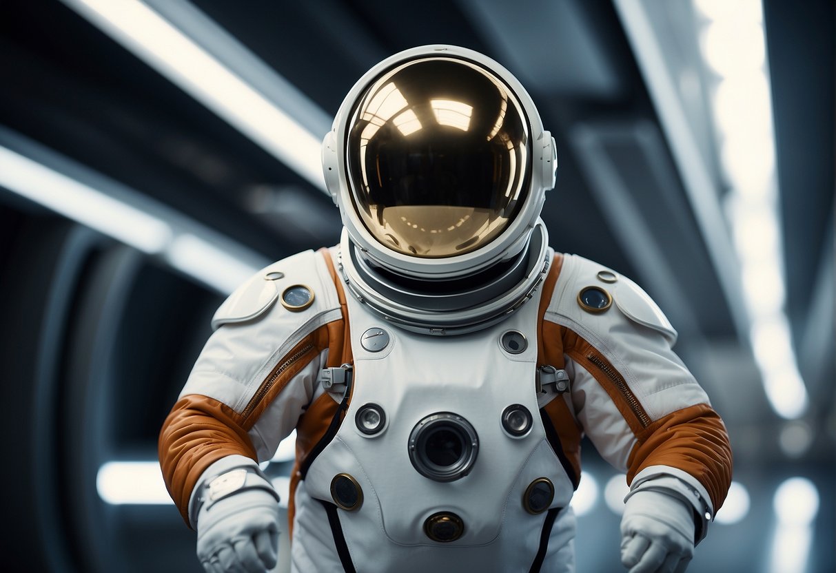 A sleek, futuristic space suit floats gracefully in the zero-gravity environment, showcasing its advanced mobility and flexibility features. The evolution of space suit design is evident, from the early Mercury missions to the future Mars expeditions