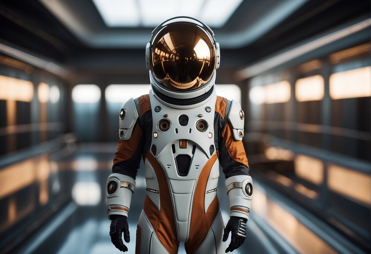 A sleek space suit stands on a futuristic platform, with integrated technology and advanced suit systems, showcasing the evolution from Mercury to Mars missions