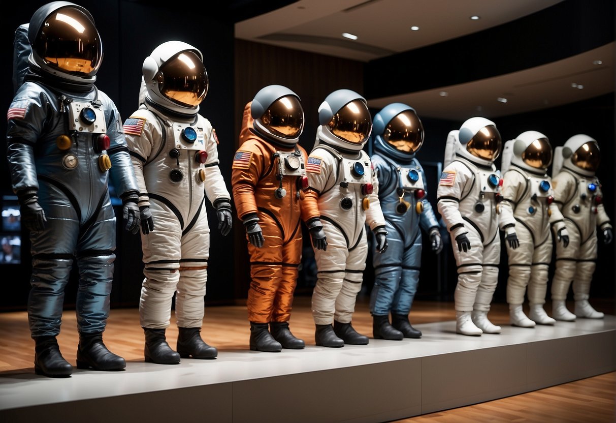 A display of space suits from Mercury to Mars missions, showcasing their evolution in Galactic Fashion