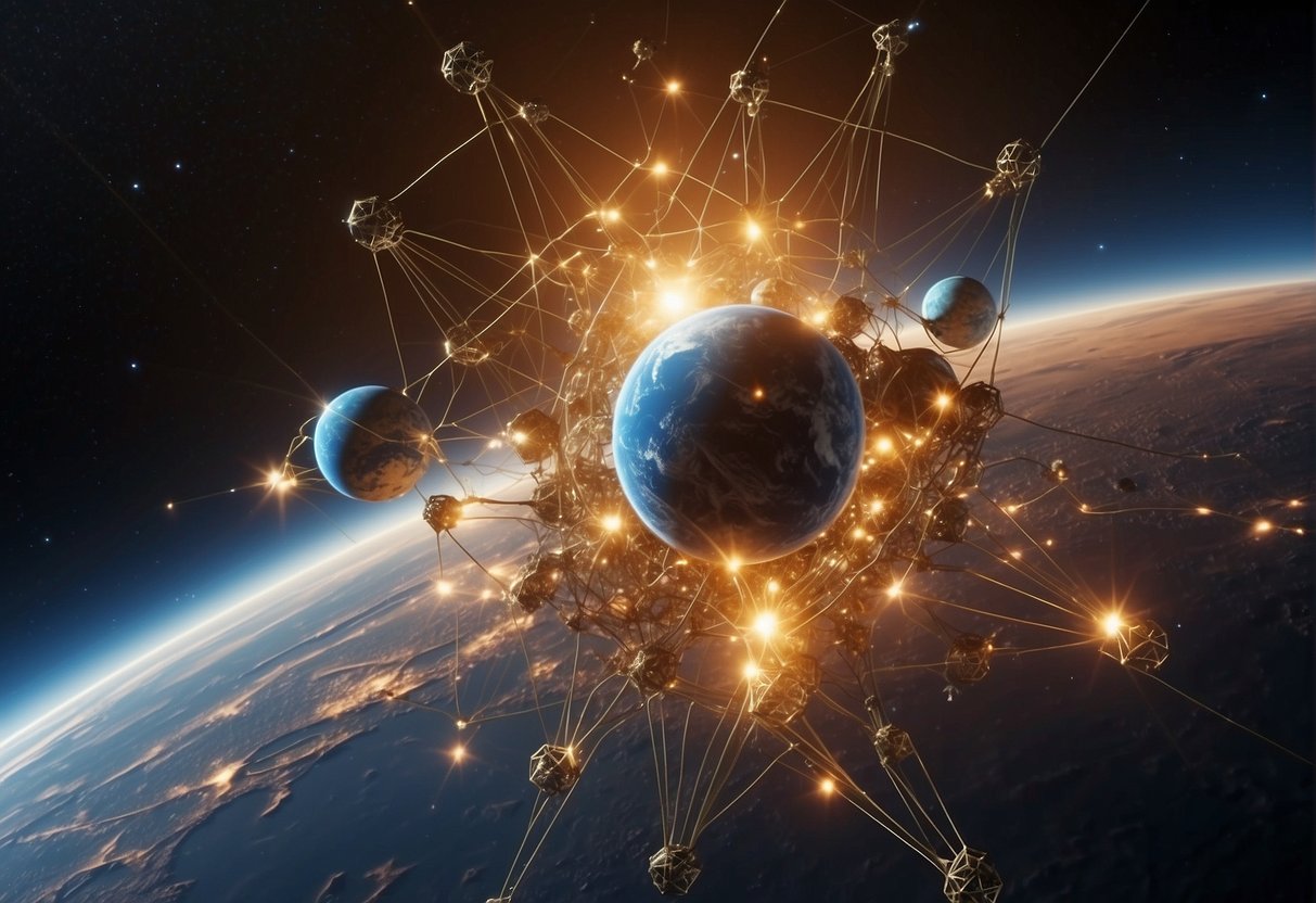 Interplanetary Internet  - A network of glowing nodes connects across the Martian surface, transmitting data to orbiting satellites and distant planets