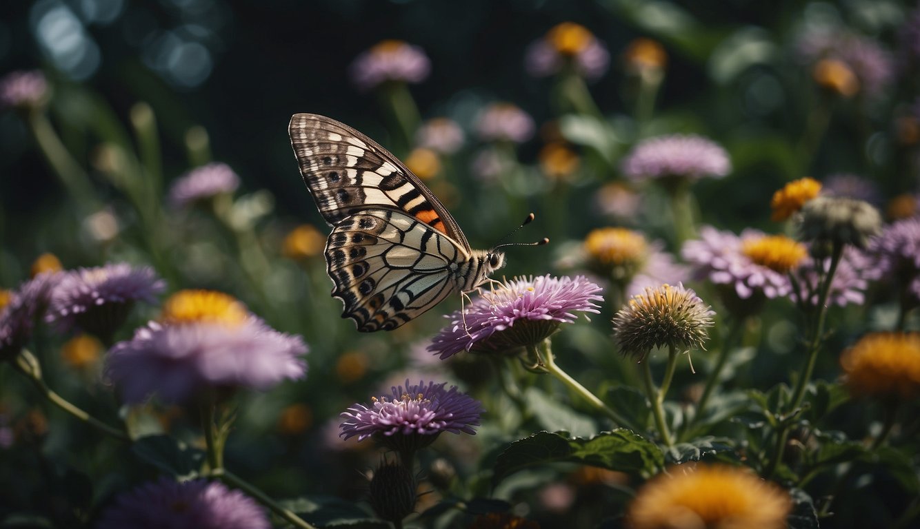 Moths and butterflies flutter around a garden, showcasing their distinct wing patterns and colors.

The moths are drawn to the moonlight, while the butterflies are attracted to the bright flowers