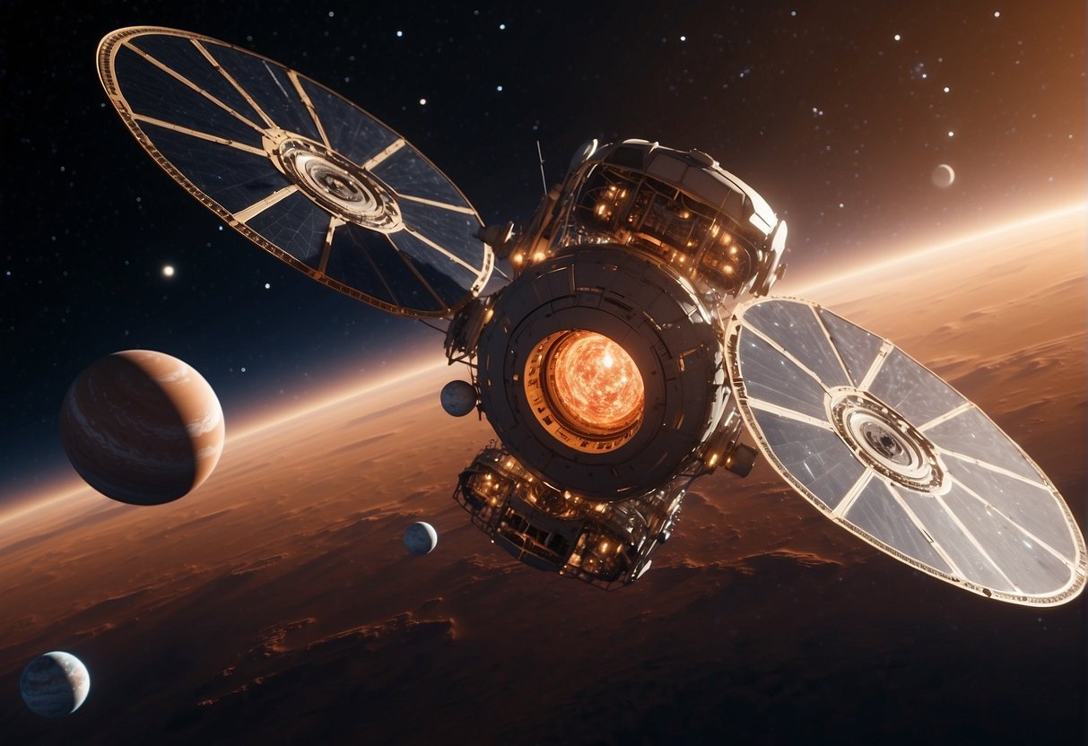A network of satellites orbiting Mars, beaming signals to distant planets. The red planet looms in the background, surrounded by futuristic space stations and communication hubs