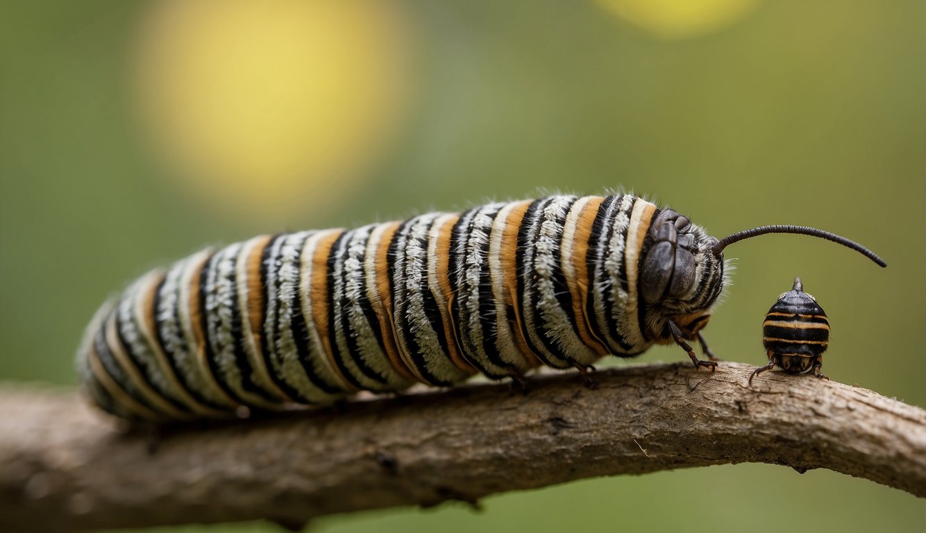 A caterpillar spins a cocoon, emerging as a moth.

Nearby, a chrysalis opens to reveal a butterfly. The two insects showcase the transformation of life cycles