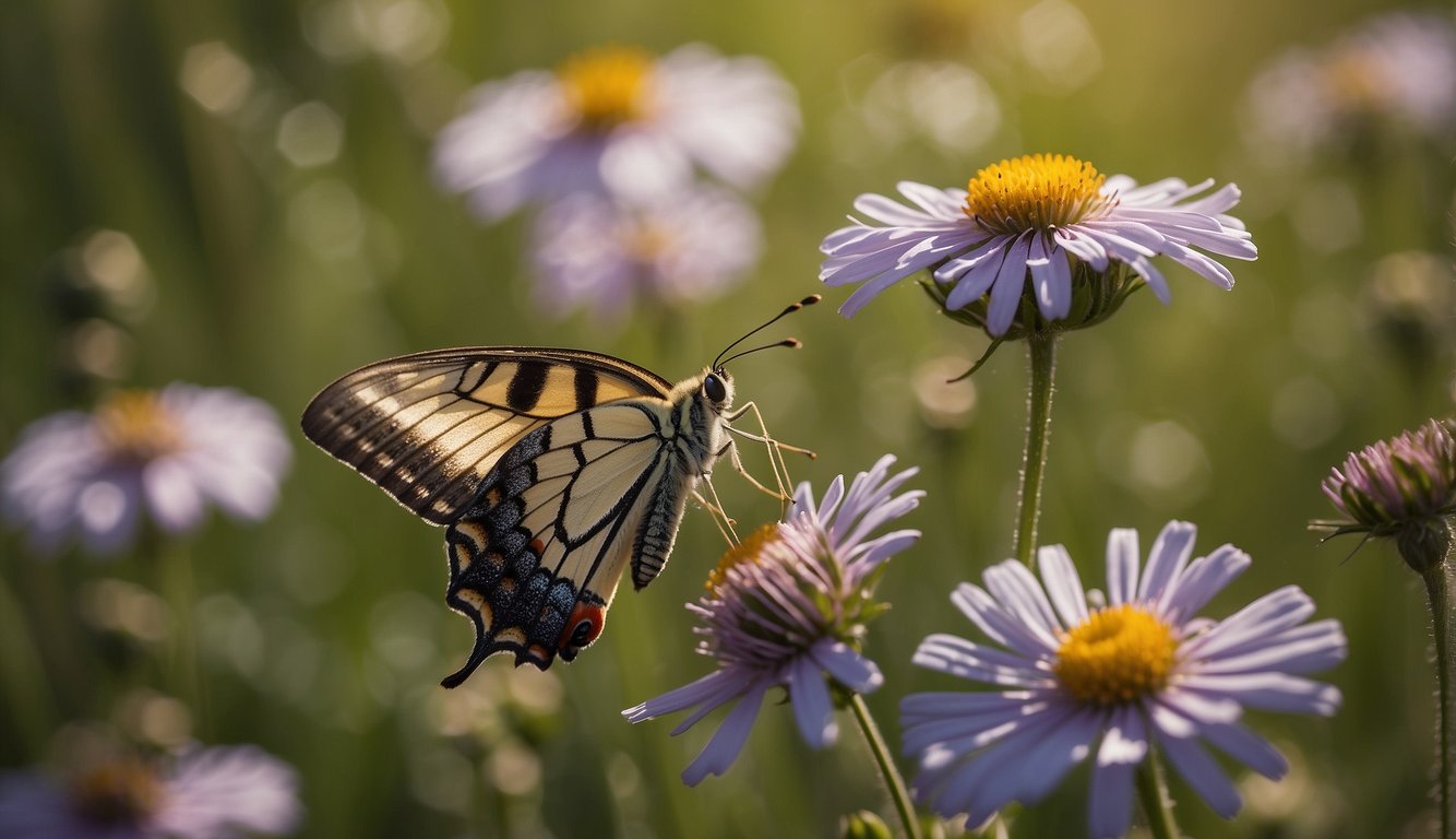 Moths and butterflies flutter among wildflowers, each with distinct wing patterns and behaviors.

A moth is drawn to a night-blooming flower, while a butterfly flits among sunlit blossoms