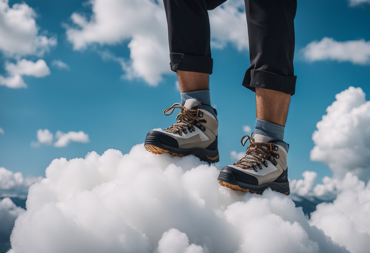 A pair of hiking shoes standing on a fluffy white cloud, with a background of blue sky and other clouds