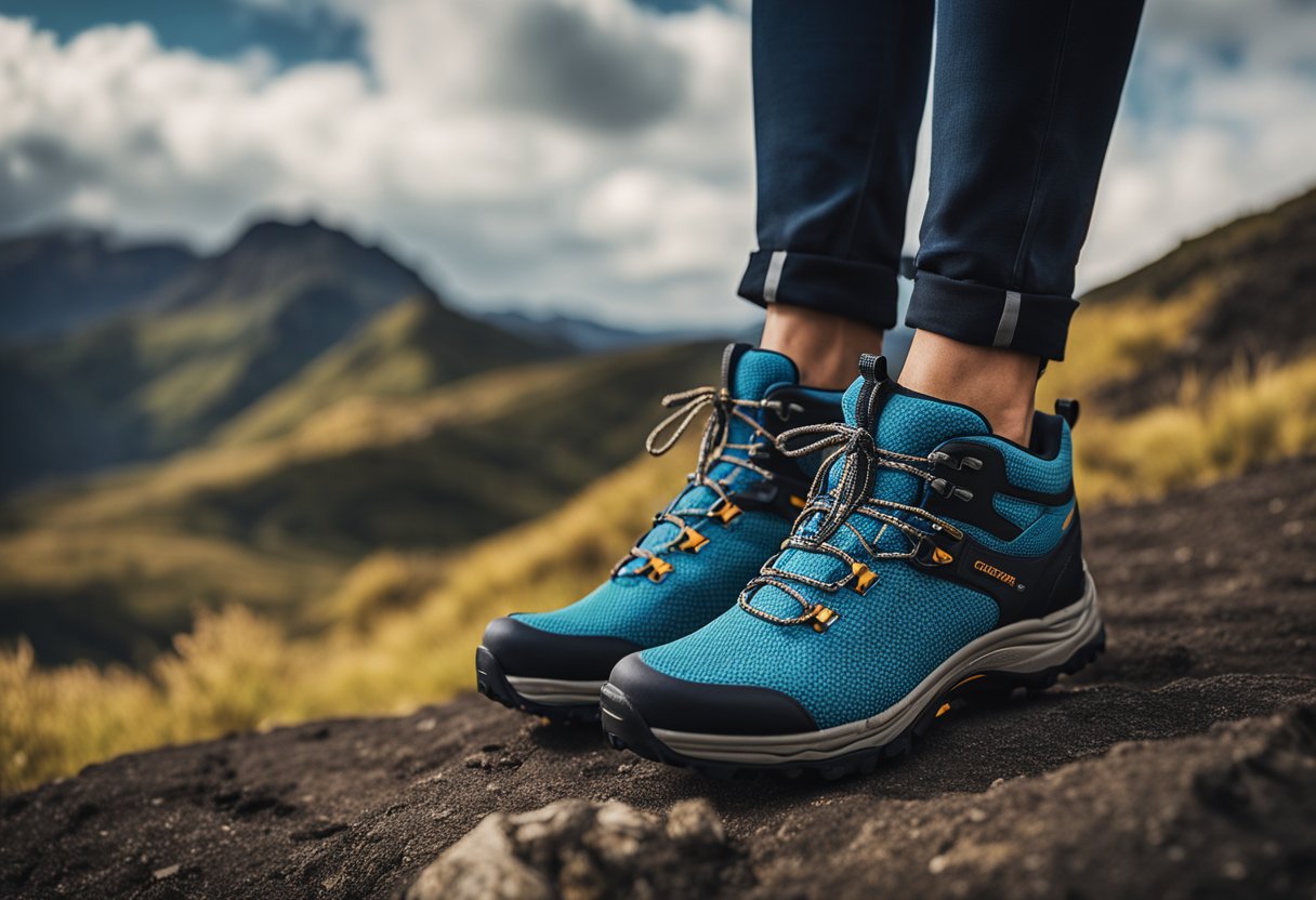 Cloud hiking shoes feature durable rubber soles, breathable mesh uppers, and cushioned insoles. The design showcases rugged tread patterns and vibrant color accents