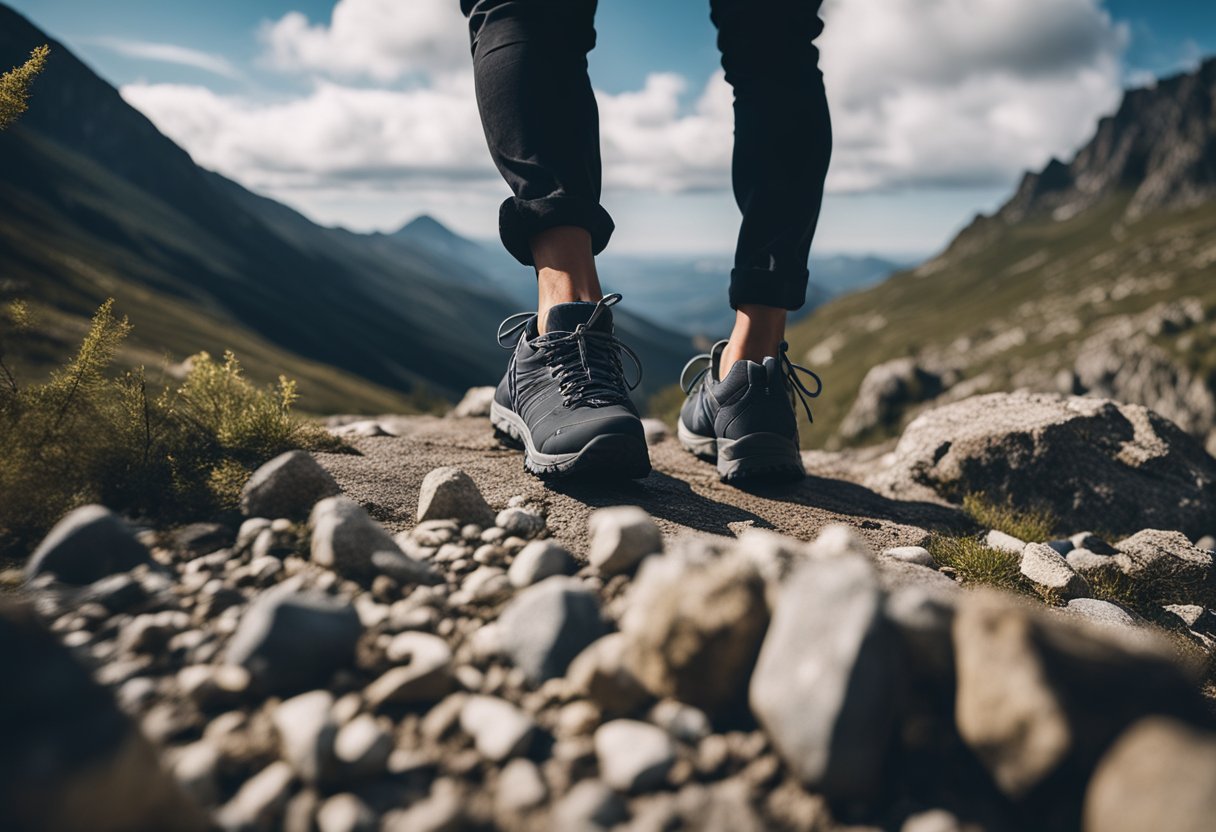 A person wearing cloud hiking shoes walking on a rocky mountain trail