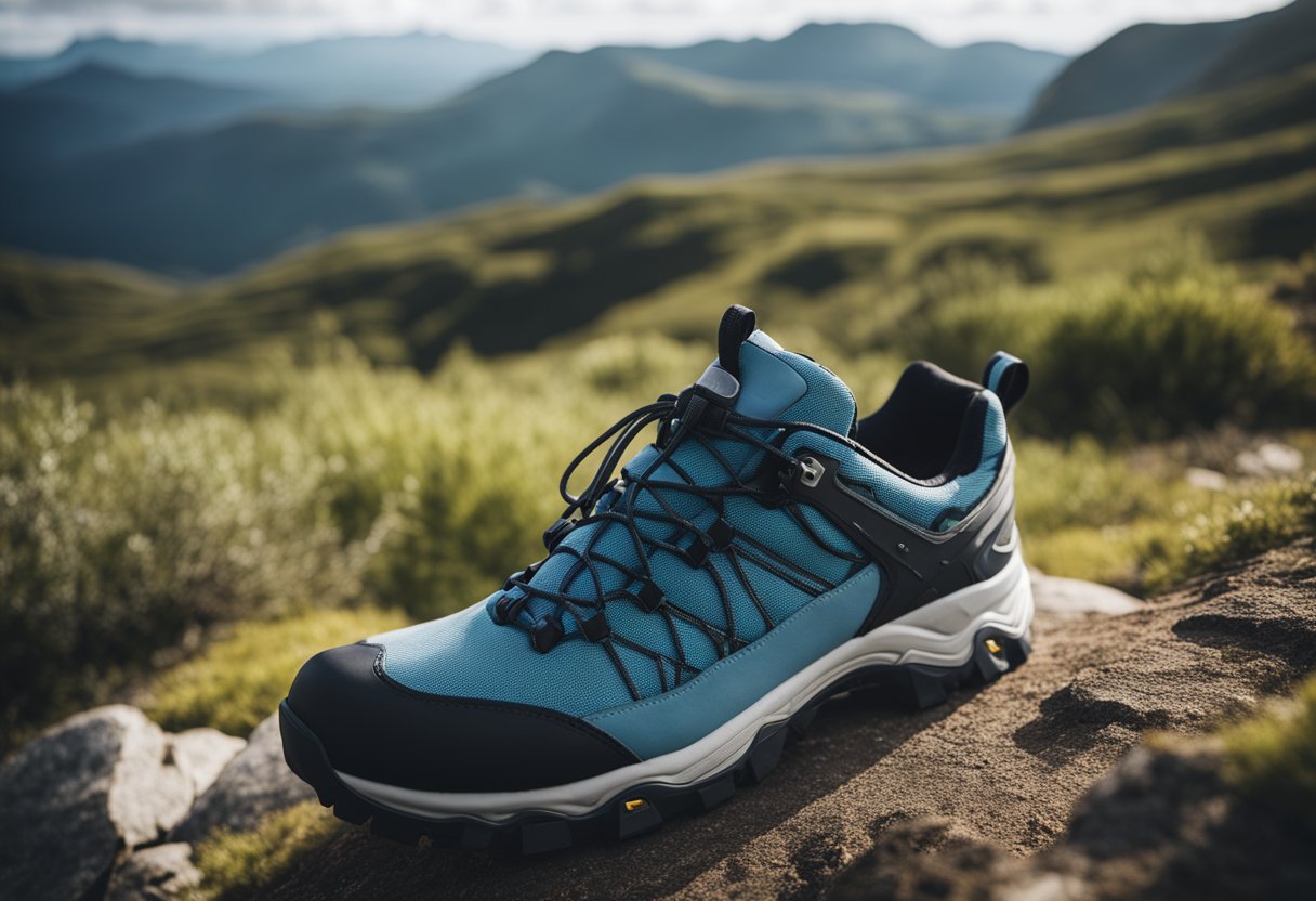 Cloud hiking shoes with integrated technology, surrounded by rugged terrain and a blue sky backdrop