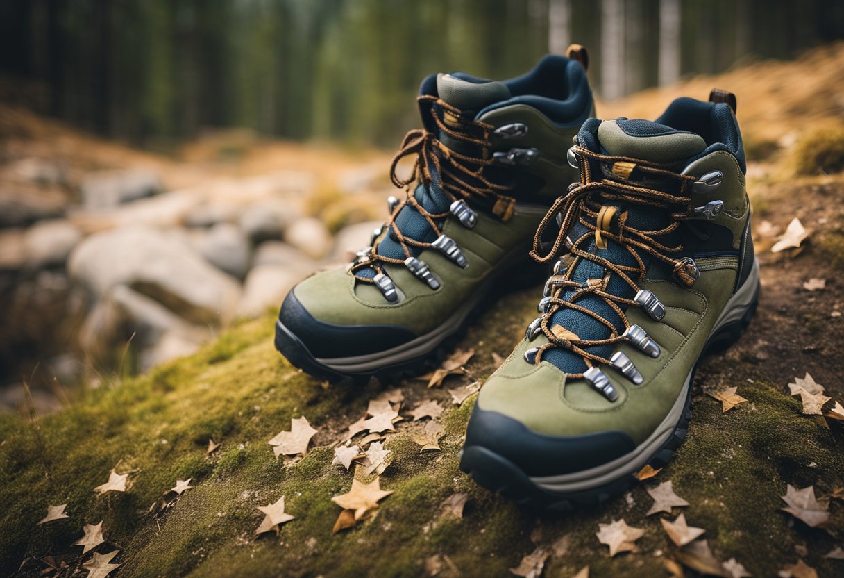 Hiking shoes surrounded by positive reviews and star ratings