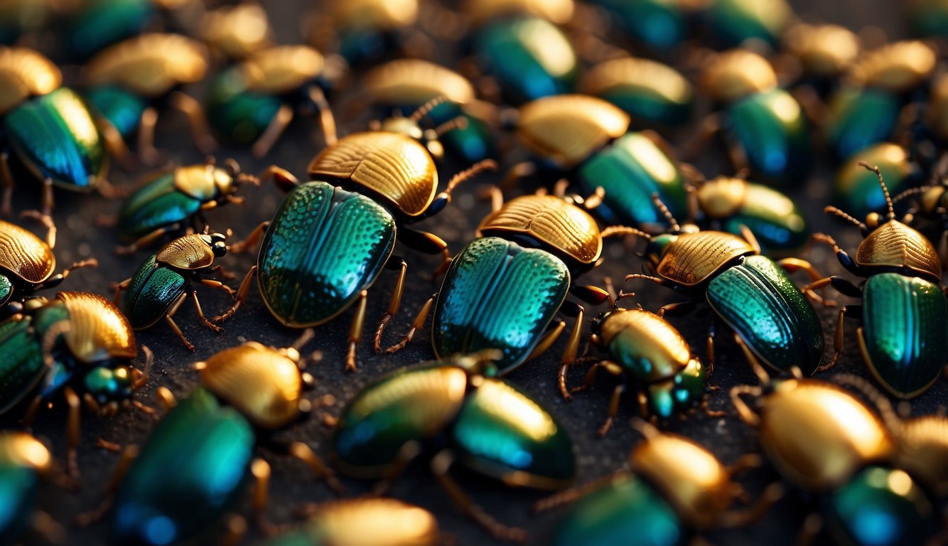 A cluster of metallic beetles forms a shield-like formation, their iridescent shells reflecting the sunlight.

Each beetle stands guard, creating a formidable armor of nature