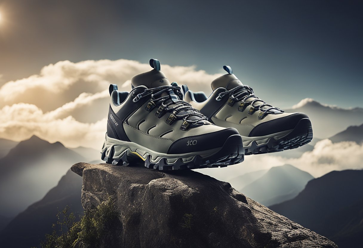 Cloud hiking shoes displayed with pricing tags, emphasizing value. Bright spotlight illuminates the shoes, creating a sense of importance and quality