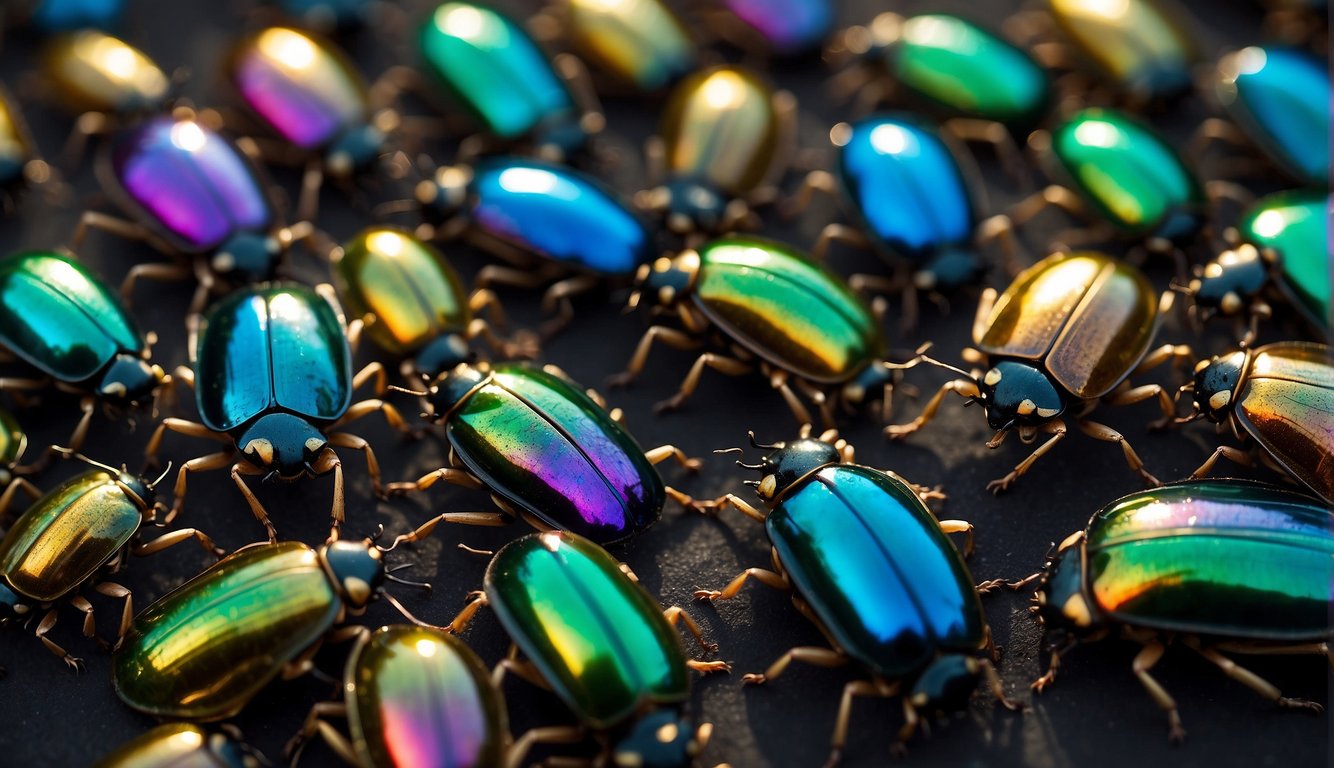 A cluster of iridescent beetles forms a protective shield, their hard exoskeletons gleaming in the sunlight.

The interlocking bodies create a formidable defense, reflecting the ingenuity of nature's design