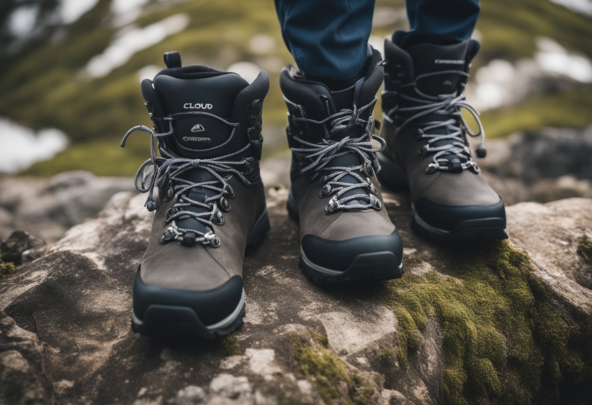 Cloud hiking shoes stand out among competitors, towering above them like a mountain peak. Others appear dull and worn, while the cloud shoes shine with newness and innovation