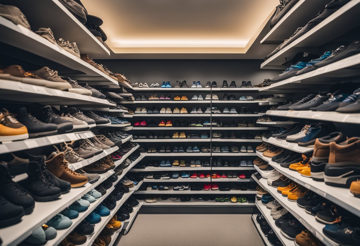 Shelves stocked with cloud hiking shoes in various sizes and colors, with signage indicating availability and pricing at multiple retailers