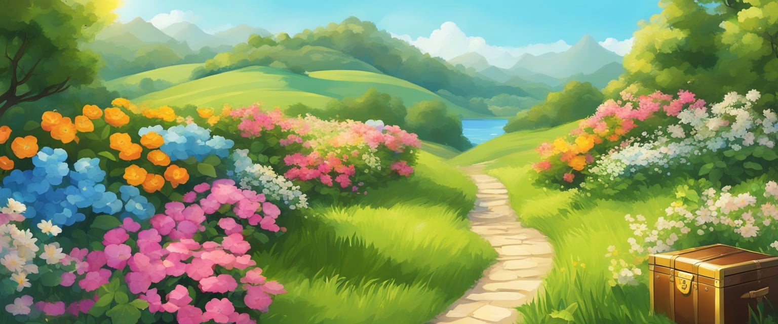 A bright, sunny landscape with a clear blue sky, lush greenery, and blooming flowers. A path leads towards a vibrant, golden treasure chest symbolizing wealth and prosperity