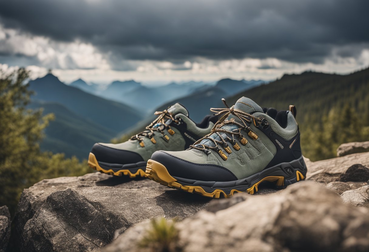 Cloud hiking shoes displayed with FAQ text in background. Outdoor setting with mountains and trails