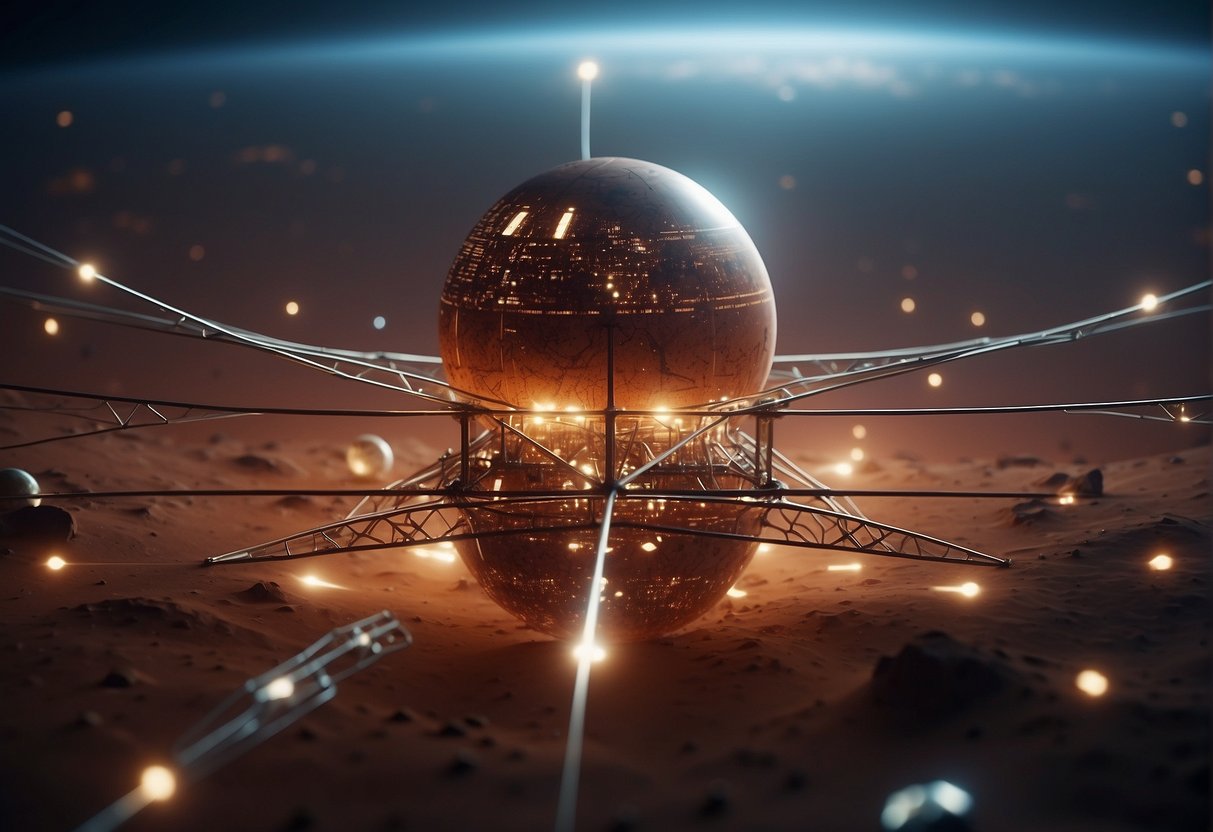 A network of interconnected satellites orbiting Mars, beaming data signals across the red planet's surface. A futuristic, sci-fi setting with sleek, metallic structures and glowing communication nodes