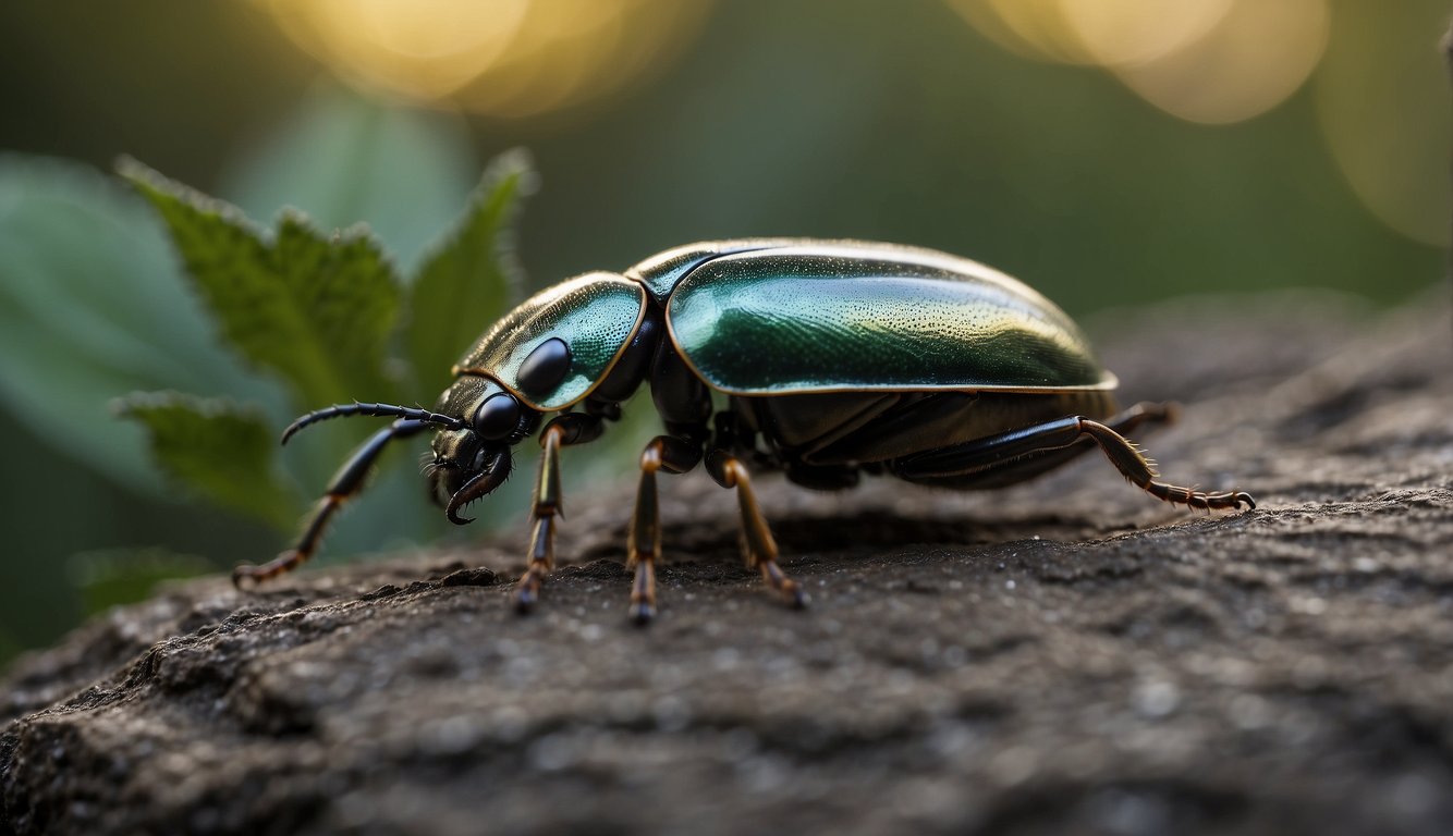 A close-up of a beetle's exoskeleton, reflecting light and showcasing its intricate and protective armor