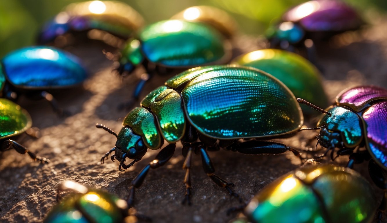A cluster of iridescent beetles forms a protective shield, their hard exoskeletons glistening in the sunlight.

Each beetle contributes to the collective armor, creating a mesmerizing display of nature's defense system