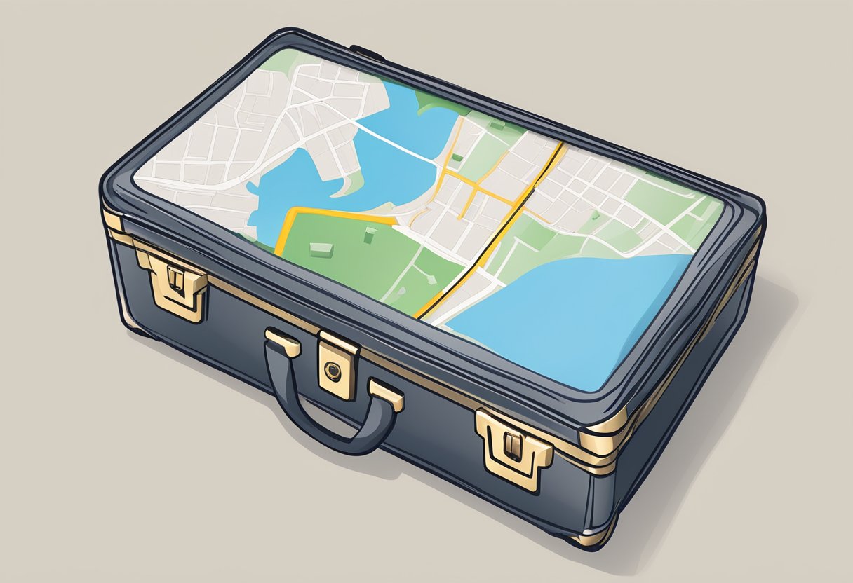 A GPS tracker is placed inside a suitcase, illustrating the legal aspects of its use in both private and commercial settings