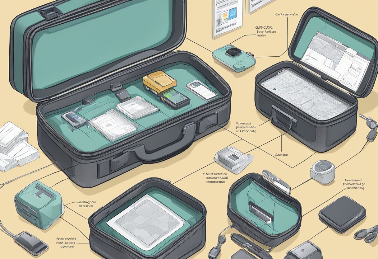 A GPS tracker is shown inside a suitcase, highlighting its technical features and legal aspects