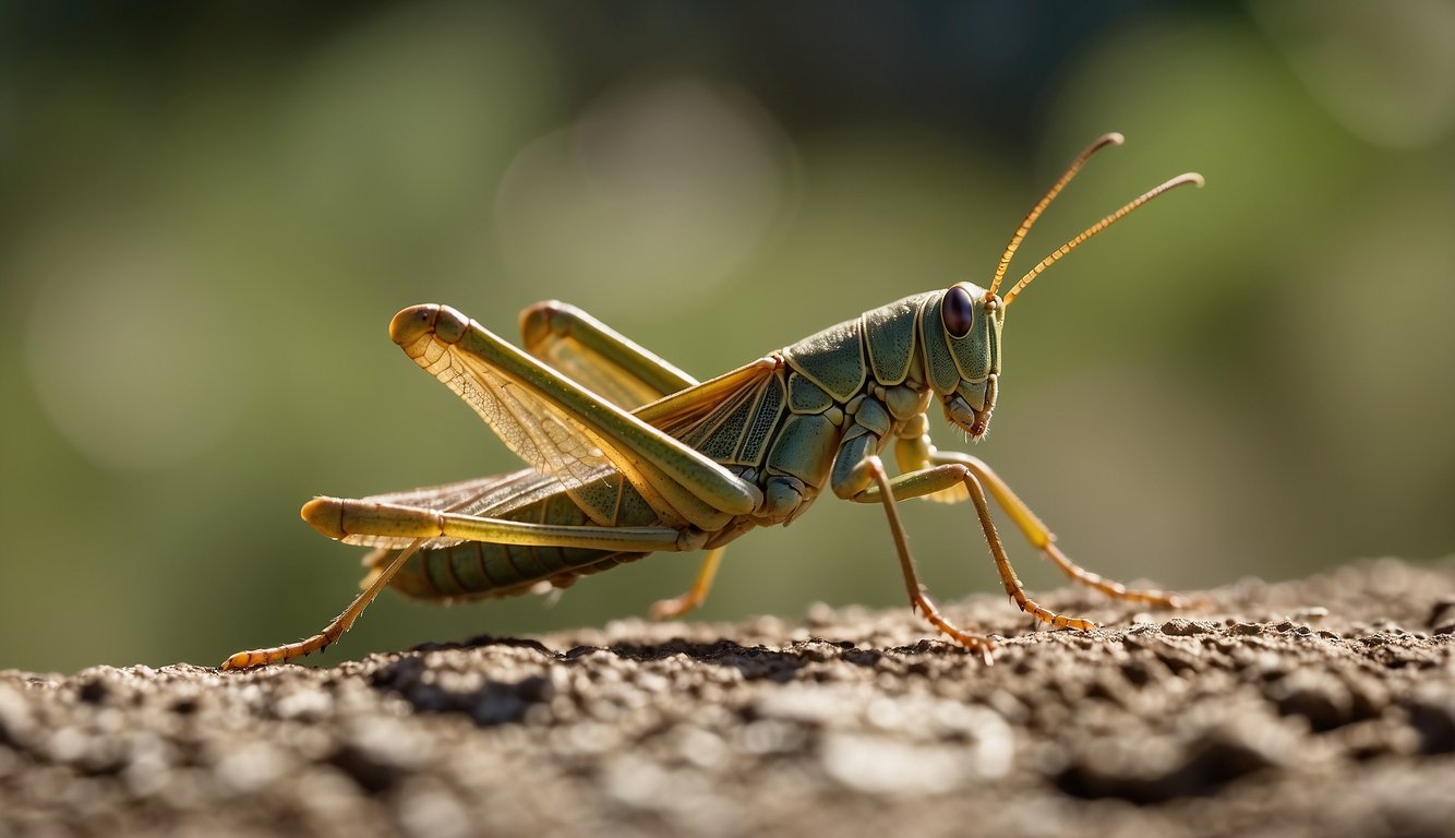 A grasshopper propels itself forward, its powerful hind legs extending and pushing off the ground, while its wings are tucked close to its body