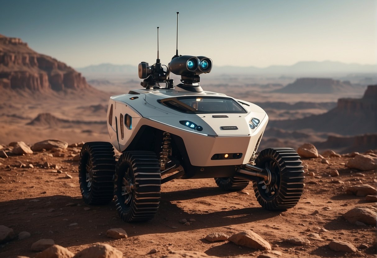 A rover navigates rocky terrain, its sensors scanning the surroundings. In the distance, a futuristic city on Mars is visible, with AI companions assisting human settlers