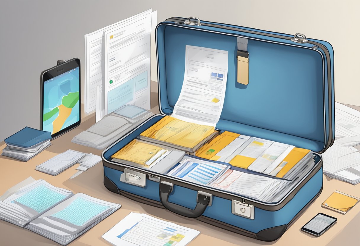 A suitcase with a visible GPS tracker attached, surrounded by legal documents and guidelines