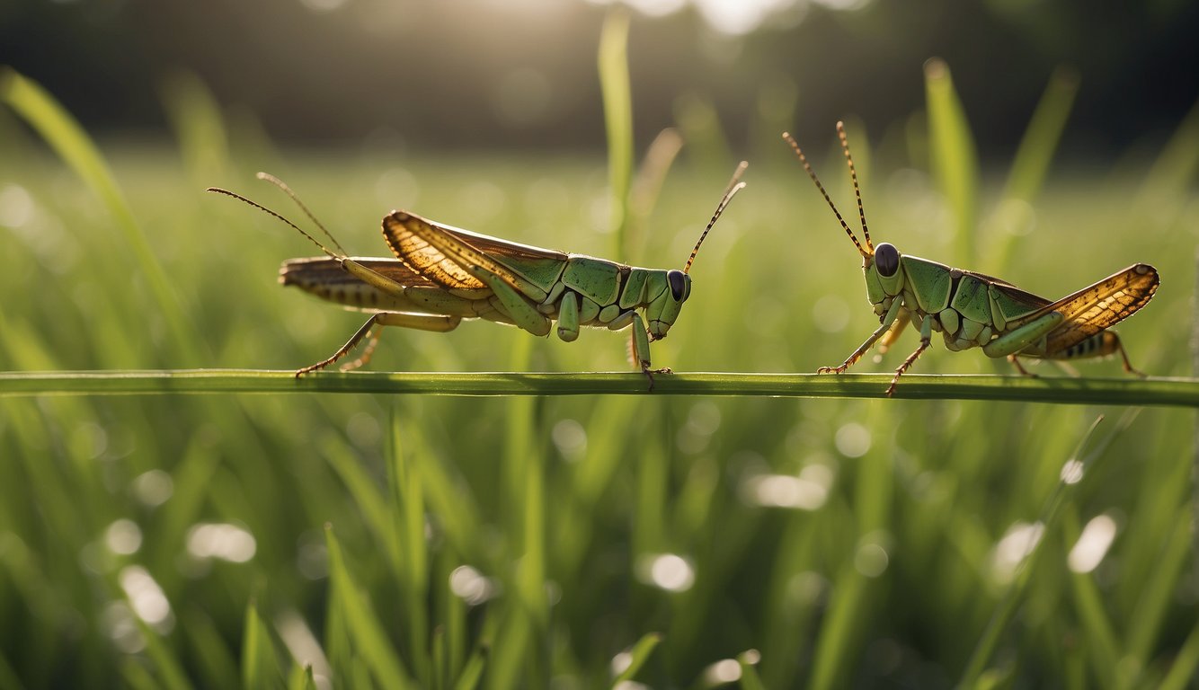 Grasshoppers leap over tall blades of grass, while other leapers like frogs and kangaroos are shown in mid-air, showcasing their jumping abilities