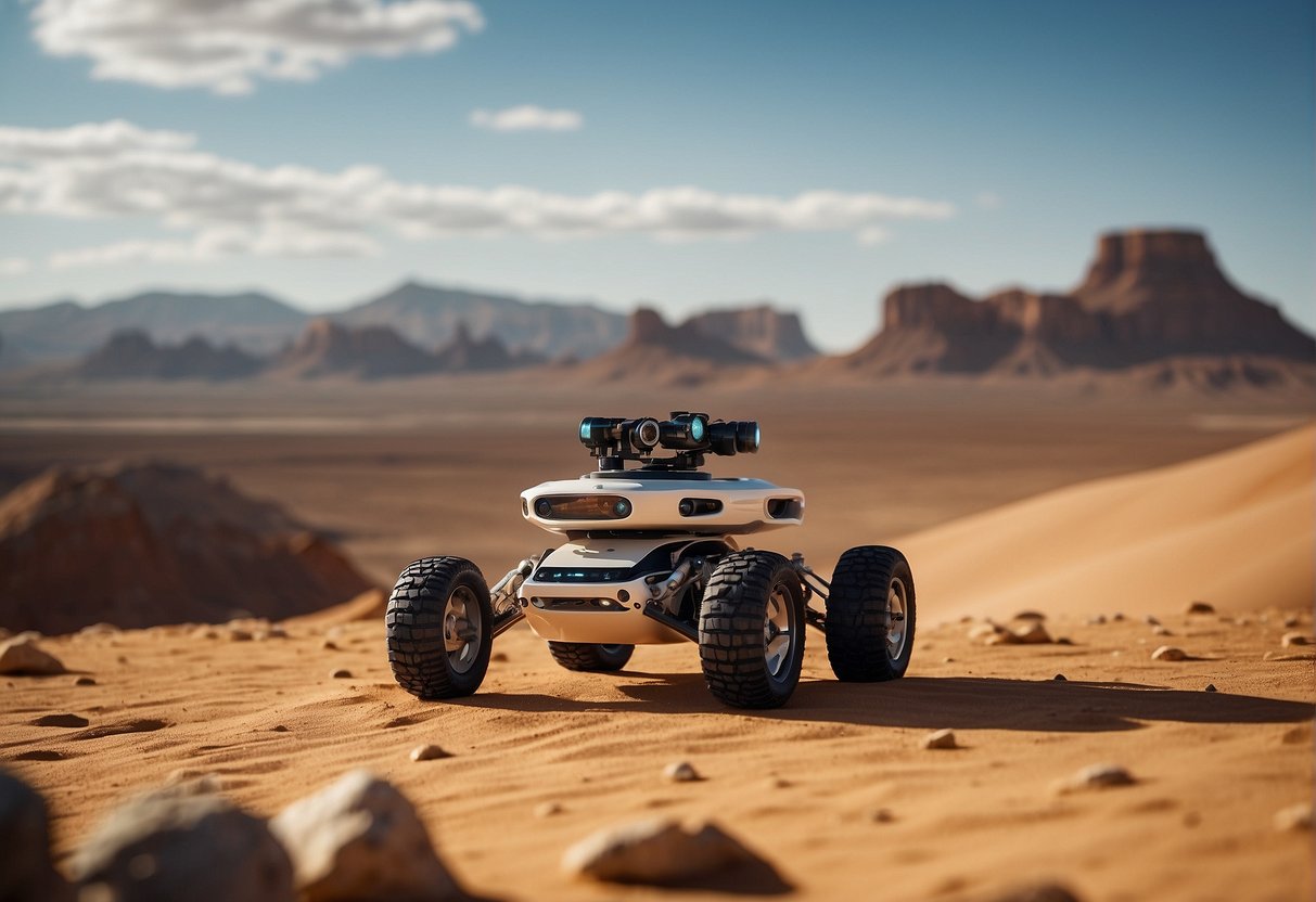 A rover navigates a desert landscape, its sensors scanning the terrain. In the distance, a futuristic city rises, hinting at the rover's potential in space exploration