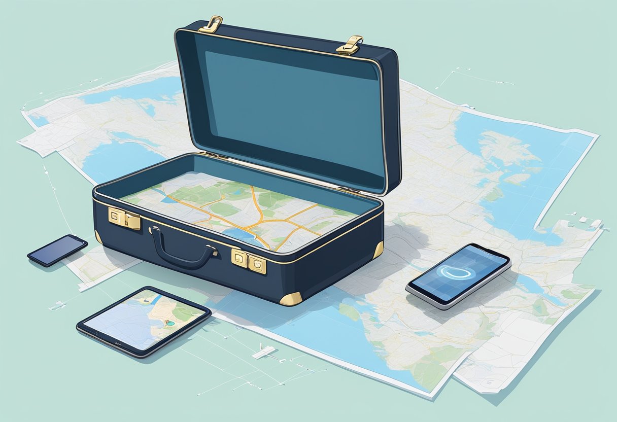 A suitcase with a GPS tracker attached, displaying a map on a screen. Legal documents and regulations surrounding the use of GPS trackers are scattered around the suitcase