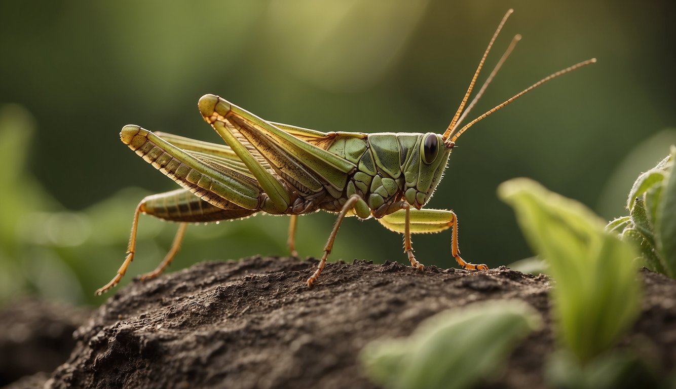 A grasshopper propels itself off the ground, legs extending to launch into the air, demonstrating the mechanics of its powerful leap
