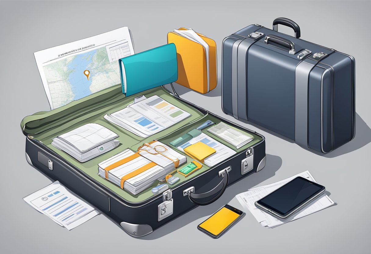 A suitcase with a GPS tracker attached, surrounded by legal documents and regulations