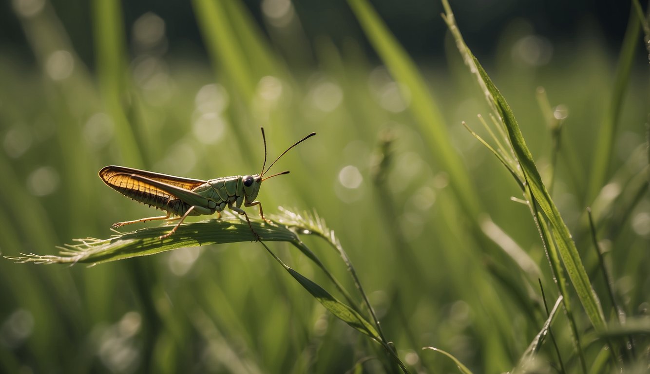Grasshoppers leap among tall grasses, their powerful hind legs propelling them into the air, while their bodies remain camouflaged among the greenery