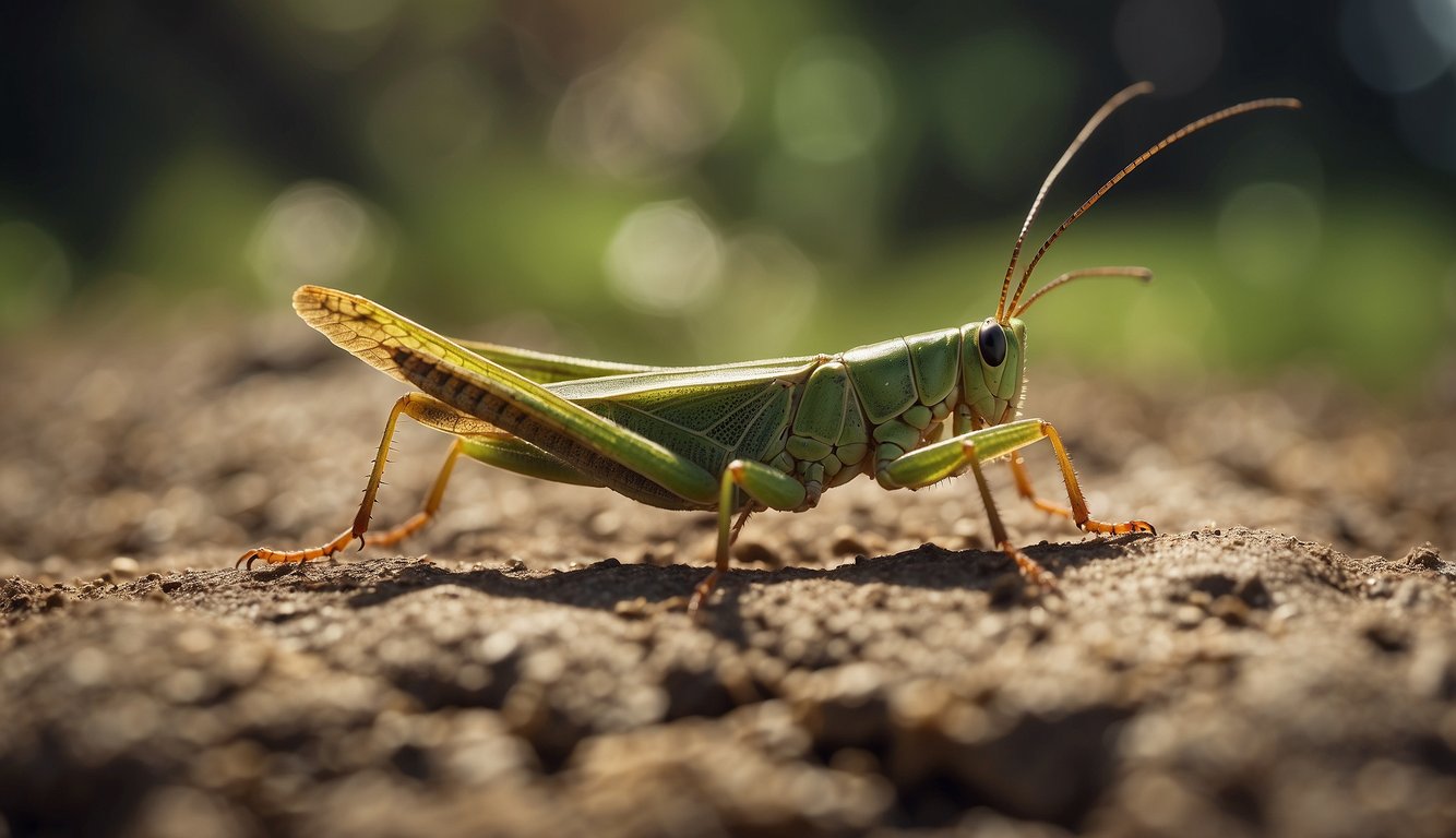 A grasshopper propels itself forward with powerful hind legs, launching into the air with precision and speed