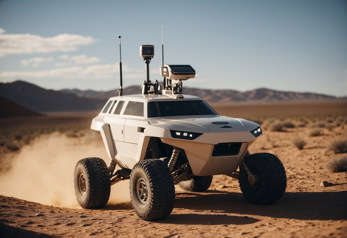 The rover navigates through a desert landscape, using AI to adapt to obstacles. It scans the terrain, learning and strategizing for future autonomy in space